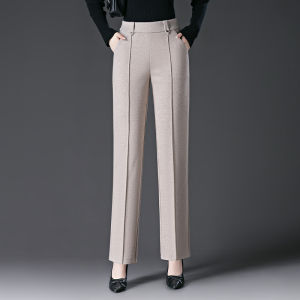 Aokawen | Casual High Waist Elastic Waist Womens Pants Spring Autumn Style Straight Leg Long Trousers Mid-aged Mom Fashionable Elastic