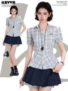 KBVVR | Summer Short Sleeve Waist-cinching Plaid Shirt Blue