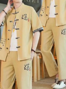 Summer Mens Casual Short Sleeve Two-Piece Set National Style Retro Tang Costume Cotton Fabric Embroidered Geometric Pattern