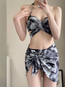 2024 New Style Women's Bikini Set High Waist Cover up Tie Dye Steel Swimwear Three Piece Separate Design Beachwear
