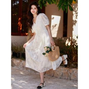 Impression Fashion Store Women Summer Chiffon V-neck Plain Short Sleeve Slim A-line Long Dress