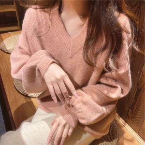 Loose Knitted V-Neck Womens Base Layer Sweater Autumn Winter New Style Comfortable Long Sleeve Thermal Solid Color Top