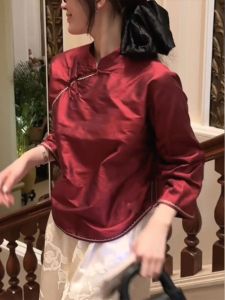 Red Long Sleeve Short Shirt Womens New Chinese Style Tang Costume National Trend Early Autumn High End Song Jin Zen Meaning Top