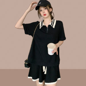 ชุดกีฬาผู้หญิง ชุดสองชิ้นแขนสั้น กางเกงขาสั้น แฟชั่นฤดูร้อน คอกลม แขนสั้น ลำลอง เอวกลาง แขนสั้น แฟชั่น 2024