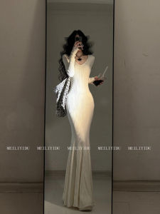 Váy Dài Tay Cổ Chữ V Màu Trắng Kiểu Pháp Dáng Ôm Vừa Vặn Cho Nữ Mùa Thu Đông Váy Đuôi Cá