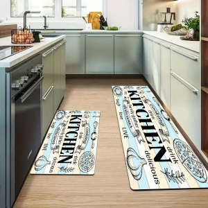 VIKAMA Vintage Sketch Kitchen Letter Runner Mat Thảm Chống Trượt Chống Nước Cho Trang Trại Trang Trí Nhà Mộc Mạc Polyester PVC Backing