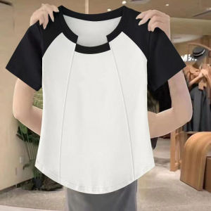 Áo Thun Cotton Tay Ngắn Cổ Tròn Họa Tiết Xương Cá Mùa Hè Mới Không Đều Màu Áo Thun Nữ Dáng Ôm Phong Cách Hàn Quốc