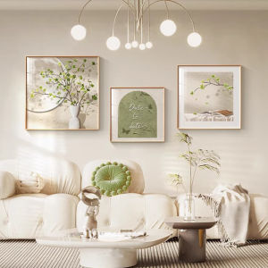 Modern Minimalist Living Room Decorative Artwork Original Wood Cream Color Sofa Background Wall Hanging Painting Green Texture Wall Picture