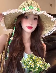 UV Protection Lace Tie Straw Bucket Hat for Women Small Flower Decor Sun Protective Woven Straw Hat for Beach Vacation Outdoor