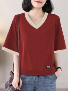 เสื้อยืดแขนสั้นคอวีบล็อกสีผ้าฝ้ายบริสุทธิ์สําหรับผู้หญิงหลวมพอดีสไตล์ฤดูร้อนเสื้อผ้าทํางานลําลองขนาดบวก