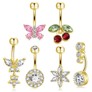 2pcs Stainless Steel Cherry Butterfly Belly Button Rings Shiny Cubic Zirconia Womens Pink Flowers Cute Navel Piercing Jewelry