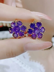 Double-sided Purple Crystal Flower Stud Earrings Fashionable Sparkling Simple Ear Buckle Ear Pendants Elegant High-end Feeling Jewelry