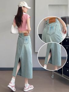 กระโปรงยีนส์สั้นเอวสูงทรงเอเอวสูงสำหรับผู้หญิงในช่วงฤดูร้อน กระโปรงทรงเอเข้ารูปสีอ่อน กระโปรงยาวปานกลาง กระโปรงทรงเอสำหรับผู้หญิง กระโปรงทรงเอเอวสูง