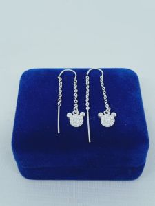 Giwang tusuk model panjang rantai nori + m kepala mickey mp / giwang petak asli silver 925 lapis emas/ giwang fashion wanita terbaru