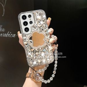 Luxury Diamond Encrusted Full Cover Phone Case for Samsung S23 Ultra Womens Beauty Mirror Stand Protective Shell Anti-Fall