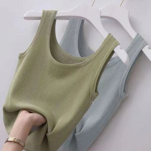Summer Ice Silk No Sleeve Knitted Vest Womens Outerwear Suit Casual Strapless Tank Top Backless Straight Cut Thin Model
