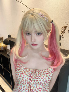 Platinum Gradient Pink Highlighted Wig Big Curl Princess Lolita Long Hair Full Head Cover Simulation Hair for Ladies