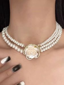 Elegant Multi-Wear 3D Diamond Tea Rose Pearl Necklace Long Sweater Chain Fashion Jewelry Accessory for Women Vintage Girl