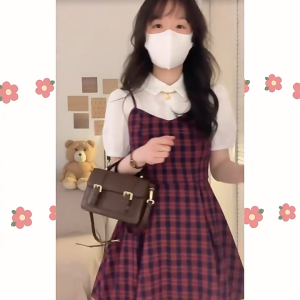 FASHLOVER Fake Two Piece Bubble Sleeved Checkered Dress Women Short Dress Polo Collar College Style