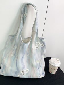 Elegant Lady Embroidered Canvas Vest Bag Summer Large Capacity Single Shoulder Handheld Shopping Bag Soft Fabric Style