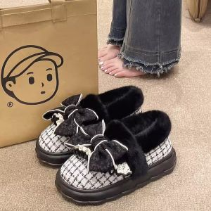 Cute Bows Cotton Slippers Womens Winter Wear Non Slip Thick Bottom Fleece-Lined Warm Indoor Heel Confinement Cotton-Padded Shoes