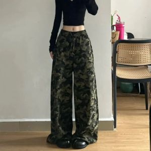 กางเกงยีนส์ทรงหลวมเอวสูงสไตล์ย้อนยุคสไตล์อเมริกัน กางเกงขายาวทรงตรงลายพรางสำหรับผู้หญิง กางเกงขายาวทรงตรงทรงหลวมสำหรับฤดูใบไม้ผลิและฤดูร้อน