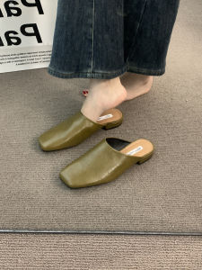French Vintage Olive Green Low Heel Slip-On Womens Spring Autumn Outdoor Wear Casual Flat Bottom Sandals Evening Shoes
