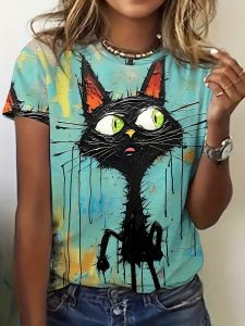 Turquoise Pop Art Cat Womens Tee - Bold Black Cat & Drip Graphic Edgy Artistic Print Design for Casual Daily Wear