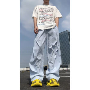 กางเกงลำลองชายผ้าไหมน้ำแข็งสีฟ้าอ่อน กางเกงขายาวทรงตรงแห้งเร็ว ทรงหลวม ทรงลำลอง ฤดูร้อน แฟชั่นฤดูร้อน