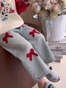 Girls Jeans Embroidered Bow Elastic Waist Loose Straight Leg Korean Version Jeans Girls Jeans With Height Of 130-160CM