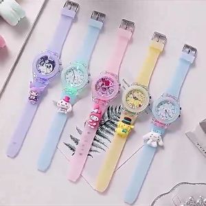 WWEN Jam Tangan Anak Perempuan Laki-laki Analog Lampu LED Warna Berkelip Silikon Tali Bisa Nyala Bercahaya Jarum Light Watch Silicon Transparan Kuromi Melody Stella Cute Cartoon StellaLou Kids Watches for Boys Girls Students Digital Lucu COD POMPOMPURIN