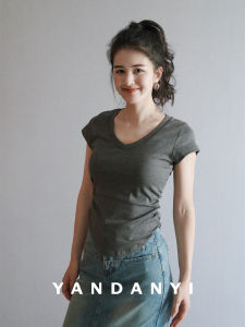 Slim Fit Pure Cotton Short Sleeve T-Shirt Womens V-Neck Waist-Cinching High Elasticity Summer Top YANDANYI Simple Design