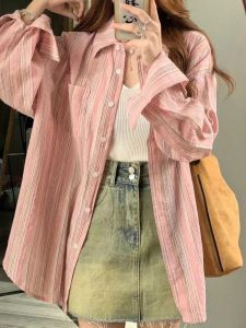 Mùa Hè Mới Nữ Dopaamine Sọc Áo Sơ Mi Polo Dài Tay Thoải Mái Thời Trang Mỏng Cotton Vải Bông Thoải Mái Áo Sơ Mi Phong Cách Hàn Quốc Mặc Công Sở