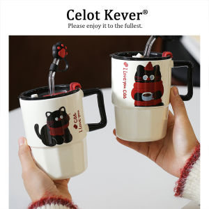 Cute Cat Mug With Straw and Lid Ceramic