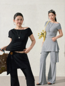 JULULOOK | Bộ Quần Áo Dễ Thương Kiểu Áo Lệch Vai Co Giãn Tay Ngắn Phong Cách Thoải Mái Kích Cỡ Lớn