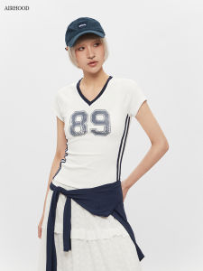 Airhood American Street Style Short Sleeve V-Neck Printed T-Shirt Womens Color Block Slimming Short Length Shoulder Top