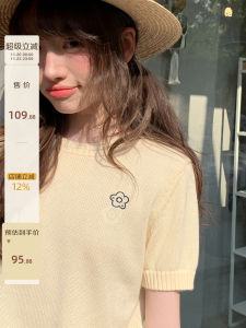 Hello Canon Embroidered Flower Knitted Short Sleeve Womens Sweater Spring Summer New Loose Fit Shoulder Korean Style Top