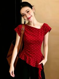 SHUAIYUE | Áo Thun Chấm Bi Đỏ Làm Trắng Da Viền Xòe Dáng Bèo