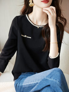 Long Sleeve Shoulder T-Shirt Womens 2025 Spring Autumn Style Slimming Design Sensation Small Fragrance Color Block French Style Top