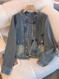 Loose Lazy Style Denim Jacket Womens Spring Autumn Small Size Fashionable Casual Outerwear Button Pocket Fringe Detail