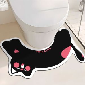 Thảm Trải Sàn Hình Chữ U Chống Trơn Trượt VIKAMA Lazy Black Cat Họa Tiết Mèo Con Dễ Thương Chất Liệu Mềm Mại Thảm Phòng Tắm Trang Trí Nhà Cửa Phong Cách Hiện Đại Chất Liệu PVC.