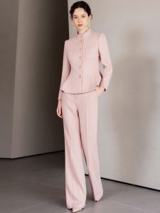 Pink Woolen Thickened Suit Set for Women Chinese Style Stand Collar Front Desk Reception Professional Formal Wear Beauty Salon