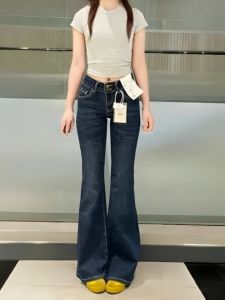 กางเกงยีนส์ทรงขาบานเอวต่ำสำหรับผู้หญิงไซส์ใหญ่ กางเกงขายาวทรงหลวม กางเกงขายาวทรงขาบาน ทรงเข้ารูป ทรงเข้ารูป สีน้ำเงิน