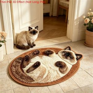VIKAMA 3D Effect Siamese Cat Shaped Rug Thin‑Pile Lying Kitten Non‑Slip Floor Mat For Bedroom Bathroom Home Decor