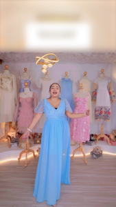 เดรสยาวแฟชั่นปักดอกหรู สีฟ้า ผ้าชีฟอง