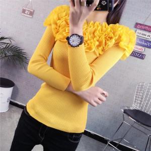 Fashionable Knitted Long Sleeve Womens Base Shirt Shoulder Bared One-Shoulder Design Princess Style Polyester Fiber Pure Color