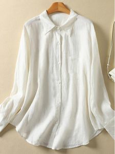 Áo Sơ Mi Vải Lanh Cotton Trắng Cổ Polo Dài Tay Thường Mùa Hè 2025 Cho Nữ Đi Làm Dáng Rộng Nhẹ Chống Nắng Áo Len Cardigan Khoét Sâu Màu Trơn