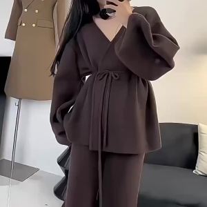 Autumn Winter Women Fashion V-neck Two Piece Sets Womens Outifits Long Sleeve Lace Up Sweater High Waist Trousers Casual Women