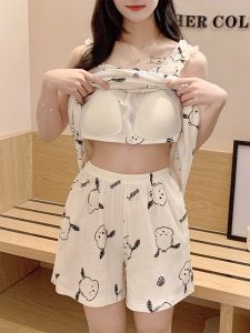 Summer Thin Pure Cotton Sleepwear Set with Chest Pad Womens Home Clothes Short Pants Cute Cartoon Print Comfortable Nightgown