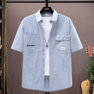 เสื้อเชิ้ตยีนส์แขนสั้นทรงหลวมสำหรับฤดูร้อน ผ้าฝ้ายแท้ ทรงหลวม สไตล์ลำลอง เสื้อเชิ้ตชาย ทรงหลวม แขนสั้น แฟชั่น